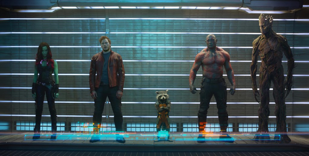 Guardians of the Galaxy - Szenen - 02 Gamora, Star-Lord, Rocket Racoon, Drax, Groot